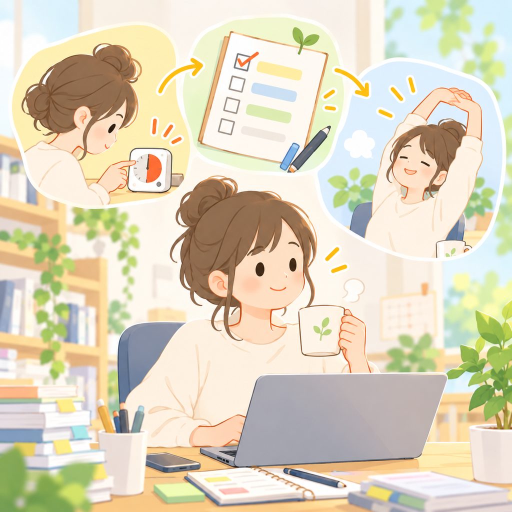 タイマーや休憩、やることの整理は、過集中とうまく付き合うための助けになります。